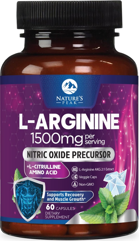 L- Arginin Complex - Extra Strength Nitric Oxide Booster Supplement - Premium Energy Blend for Natural Heart Health & Muscle Support - Non- GMO, Lavet til mænd og kvinder, Flasket USA - 60 kapsler