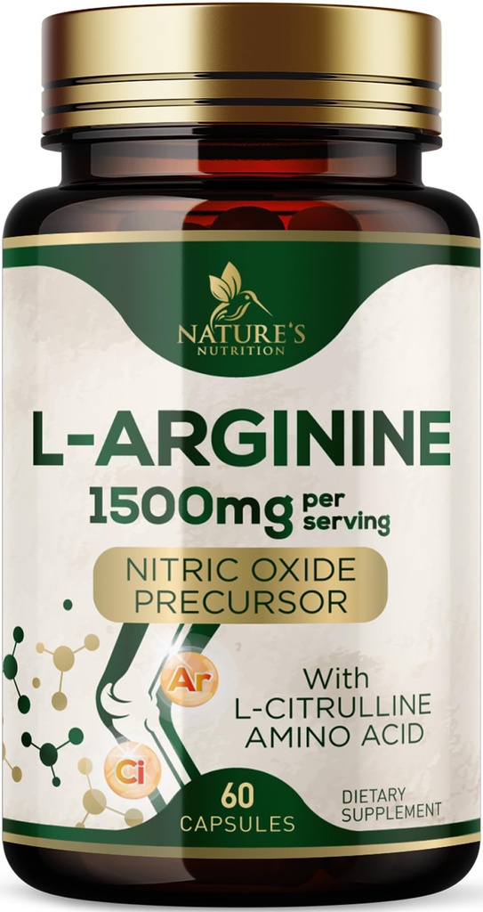 L- Arginin Extra Strength Supplement med L- Citrullin - Muscle Support Natural Nitric Oxide Precursor Booster - Heart Health Support - Aminosyreenergiblend for mænd, USA Flasket - 60 kapsler