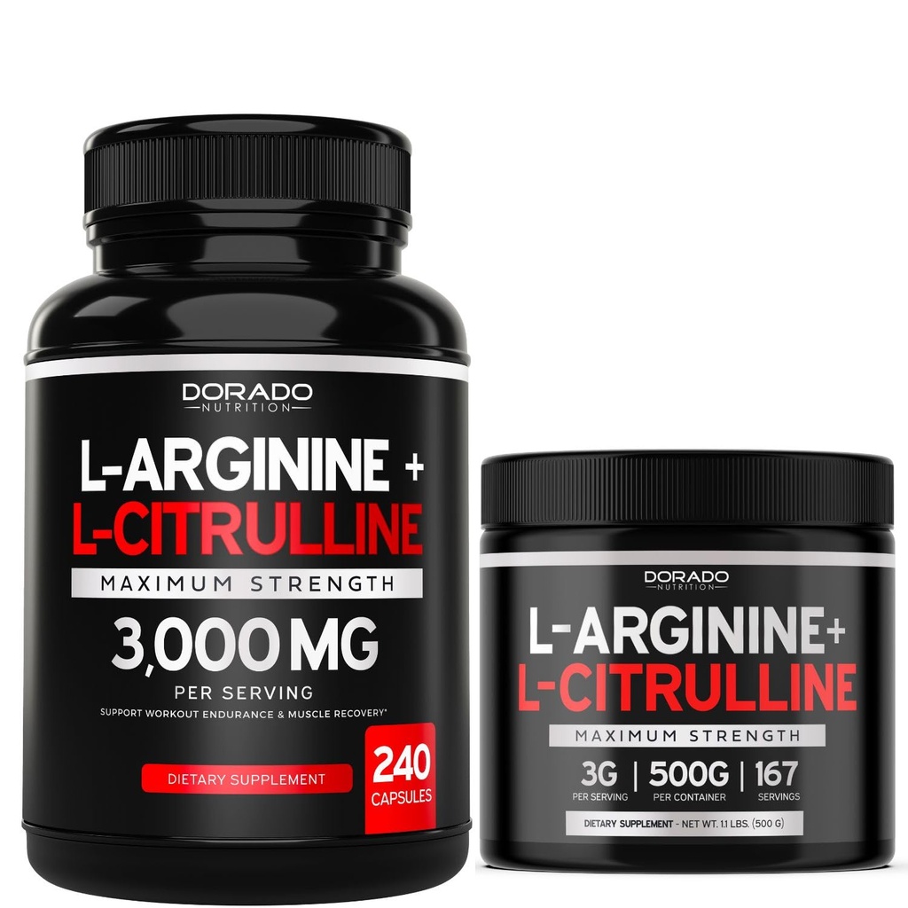L Arginin L Citrullin (240 Tæl) - Nitrooxidpøl til Stamina & Endurance og L Arginin L Citrullin Powder (3g) - Nitrooxidbooster Powder for Performance & Endurance - Vegan & USA Made