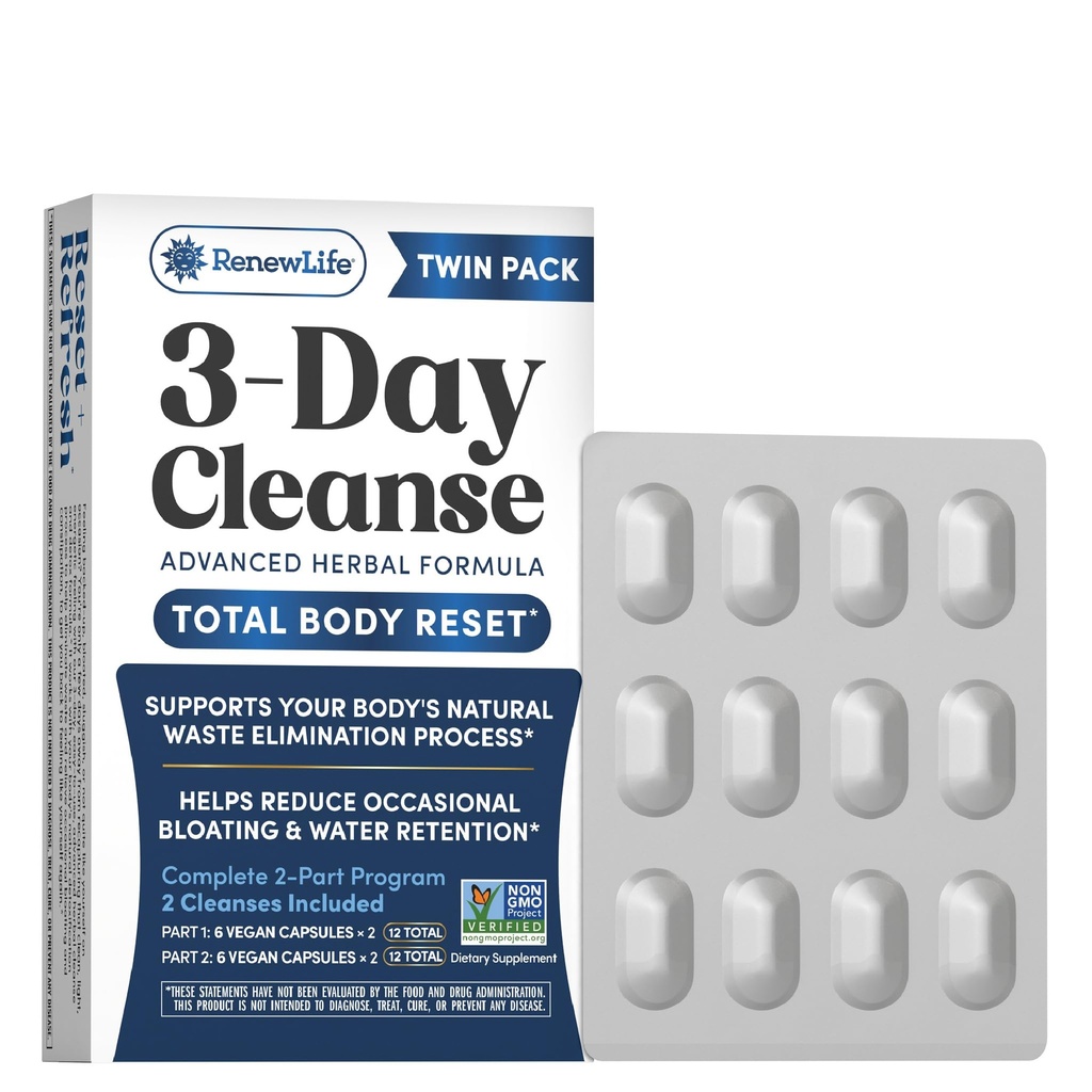 Renew Life 3 Day Cleanse Twin Pack Deal 124; Advanced Herbal Formel 124; Hjælper Reducere lejlighedsvis Bloating og vand retention Deal 124; 2 Pack (12 kapsler Hver, 24 i alt)
