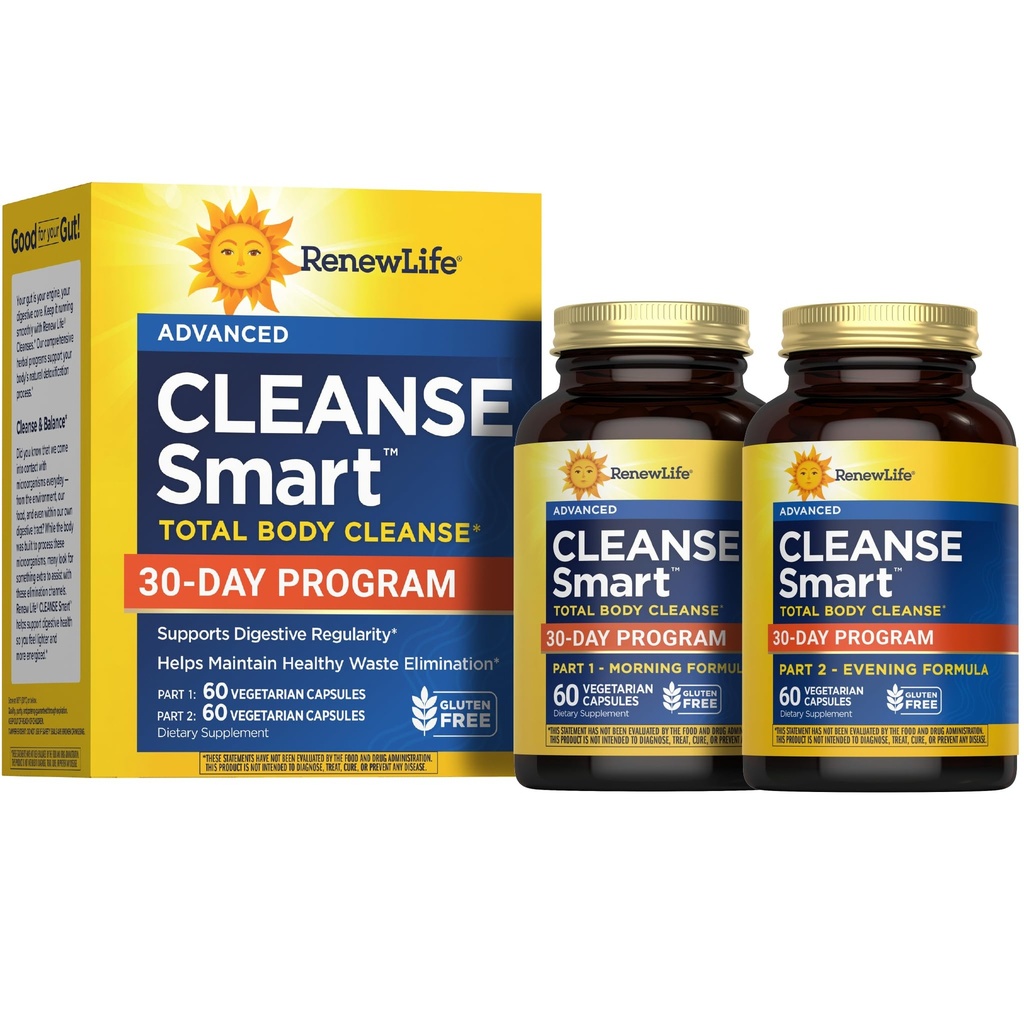 Renew Life Cleanse Smart Advanced Total Body Program, 2-Part Detox Cleanse fremmer fordøjelsesmæssig regelmæssighed og understøtter affald Eliminering, Herbal Blend med Magnesium, Soja og glutenfri, 120 Greve