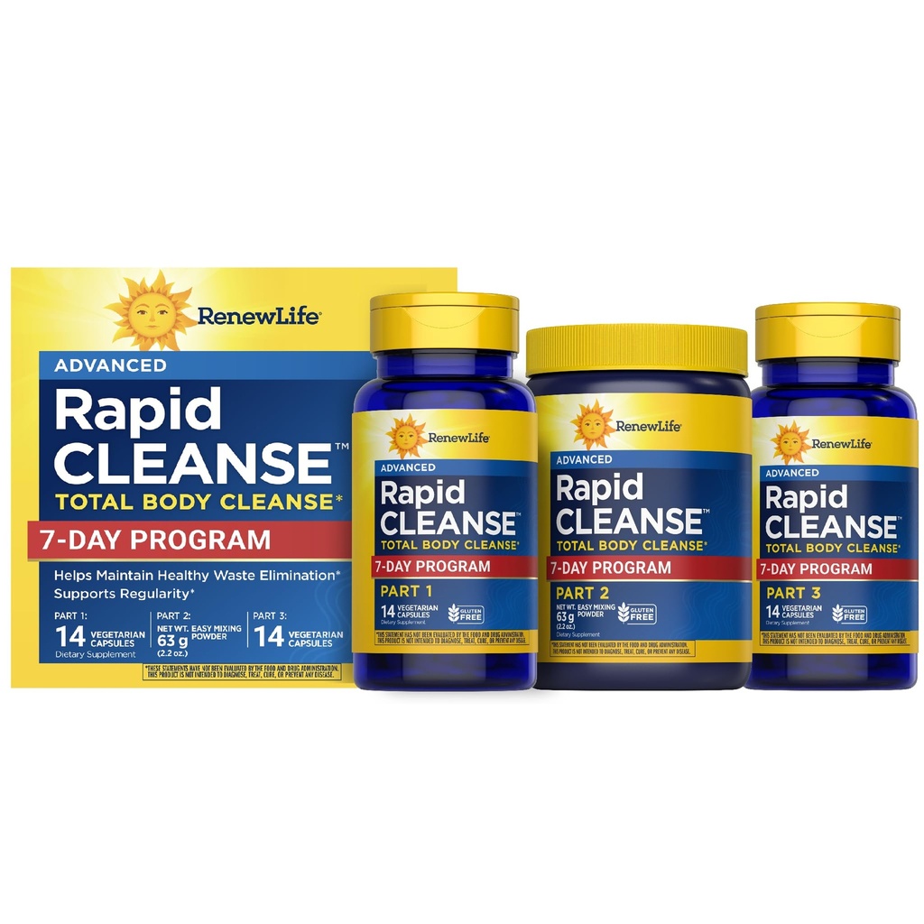 Renew Life Voksen Cleanse - 7-Day Rapid Total Krop Rengøring for mænd og kvinder - 3-Part, 7-Day Program - Gluten, Dairy & Soy Free - 28 Vegetariske kapsler + 2.2 Ounce Powder Formel (Packaging May Vary)