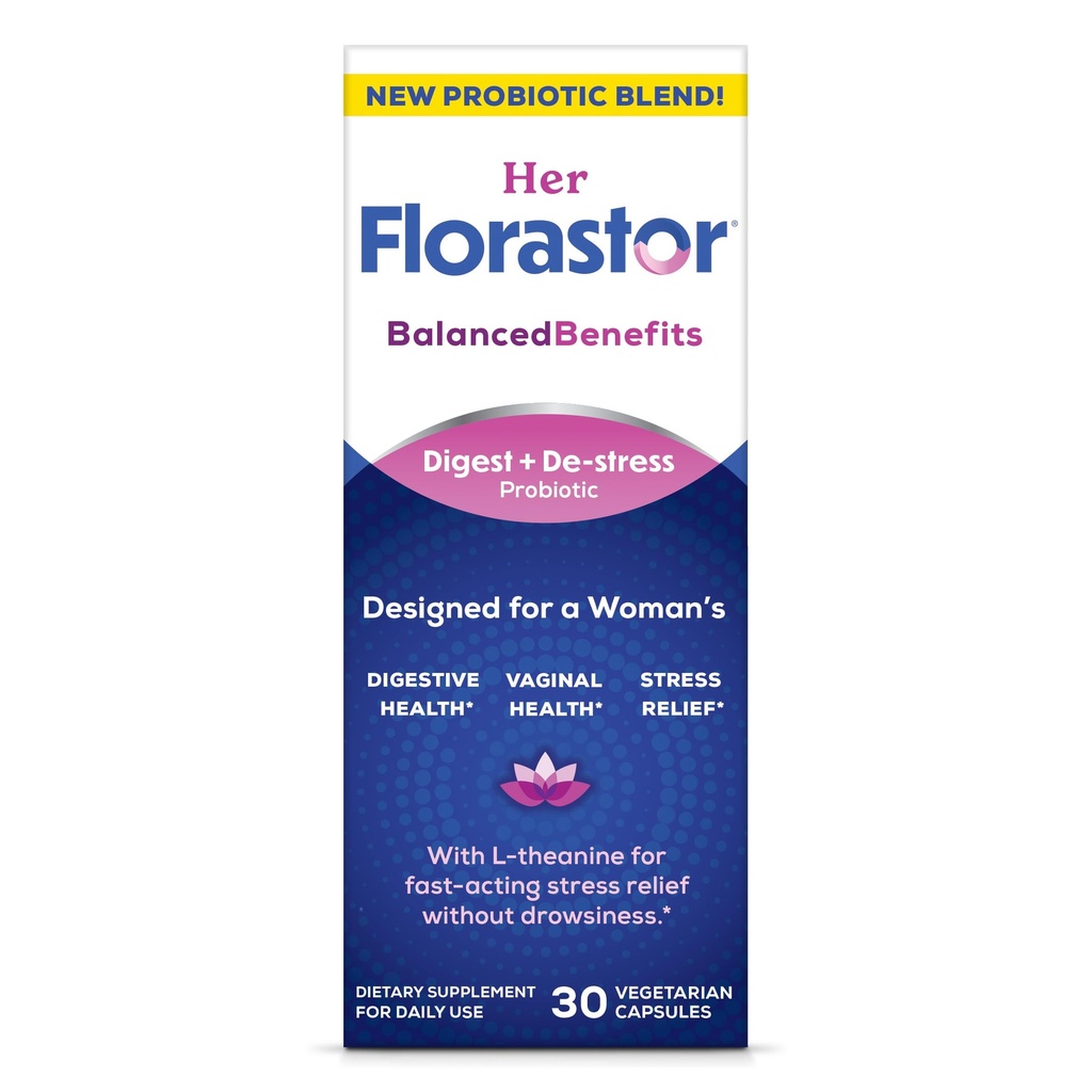 Florastor Probiotika til kvinder, Systematisk og De- Stress, Probiotika til fordøjelsessygdomme, Vaginal Probiotika, og L- Theanin til sind og krop Wellness, 30 kapsler