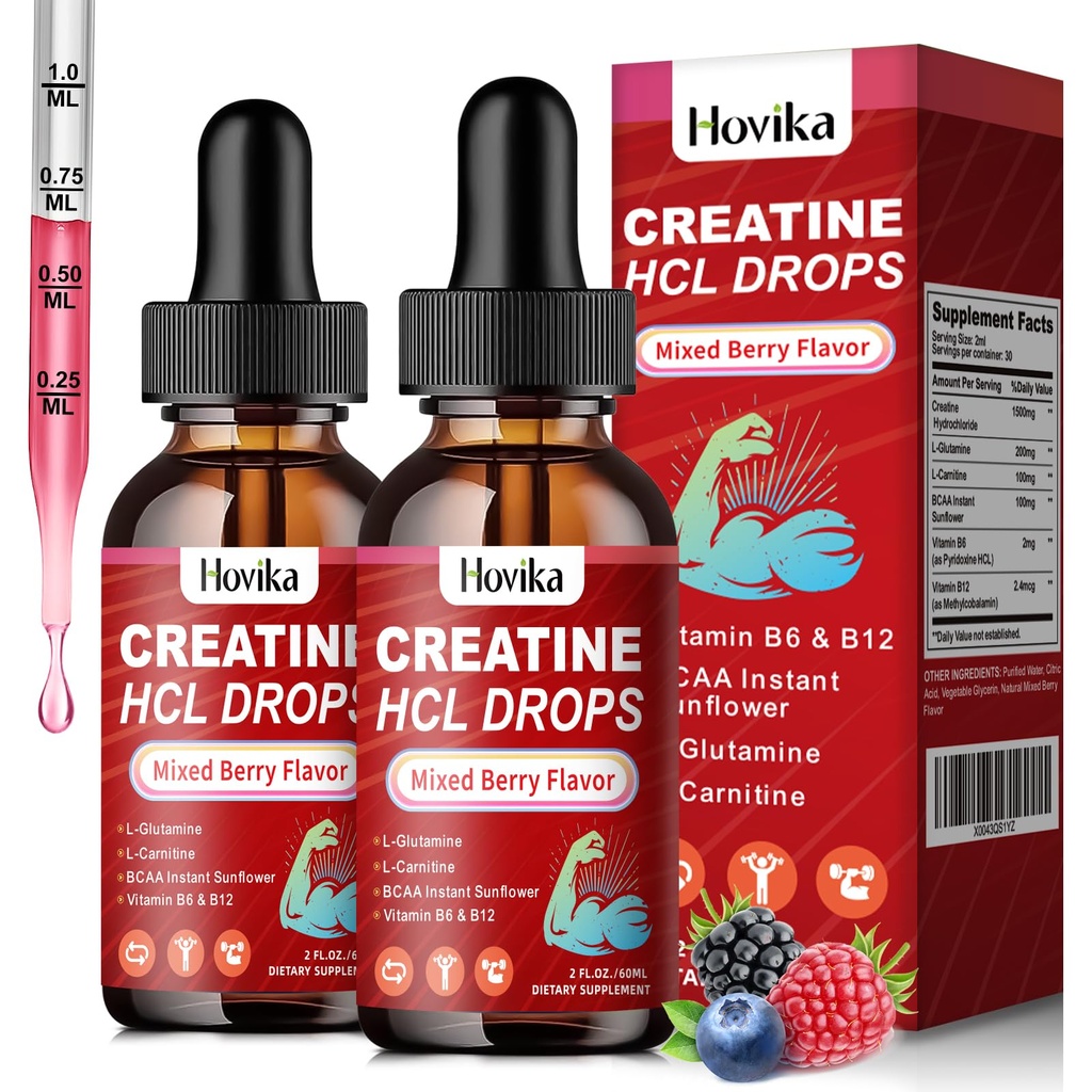Creatin HCL flydende dråber til mænd og kvinder, Creatin hydroklorid med L- carnitin, L- glutamin, BCAA, vitamin B12 & B6 for muskelvækst & Recovery- Vegan, blandet berry flavor, 4 Fl Oz