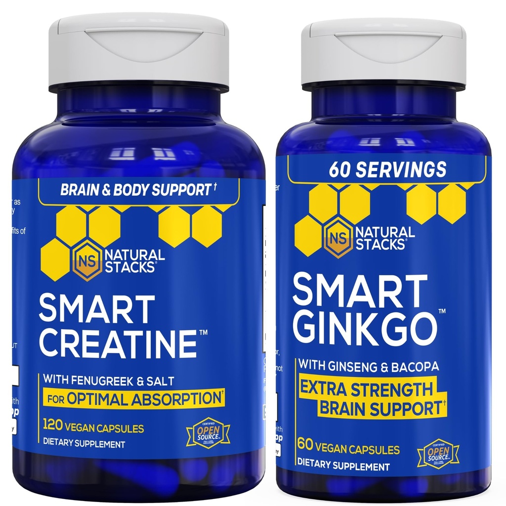 NATURLIGE STAKKER Ginkgo Biloba + Creatin monohydrat Bundle - Advanced Absorption Formel * - Ekstra styrke Brain Support * - 180 Total Kapsler