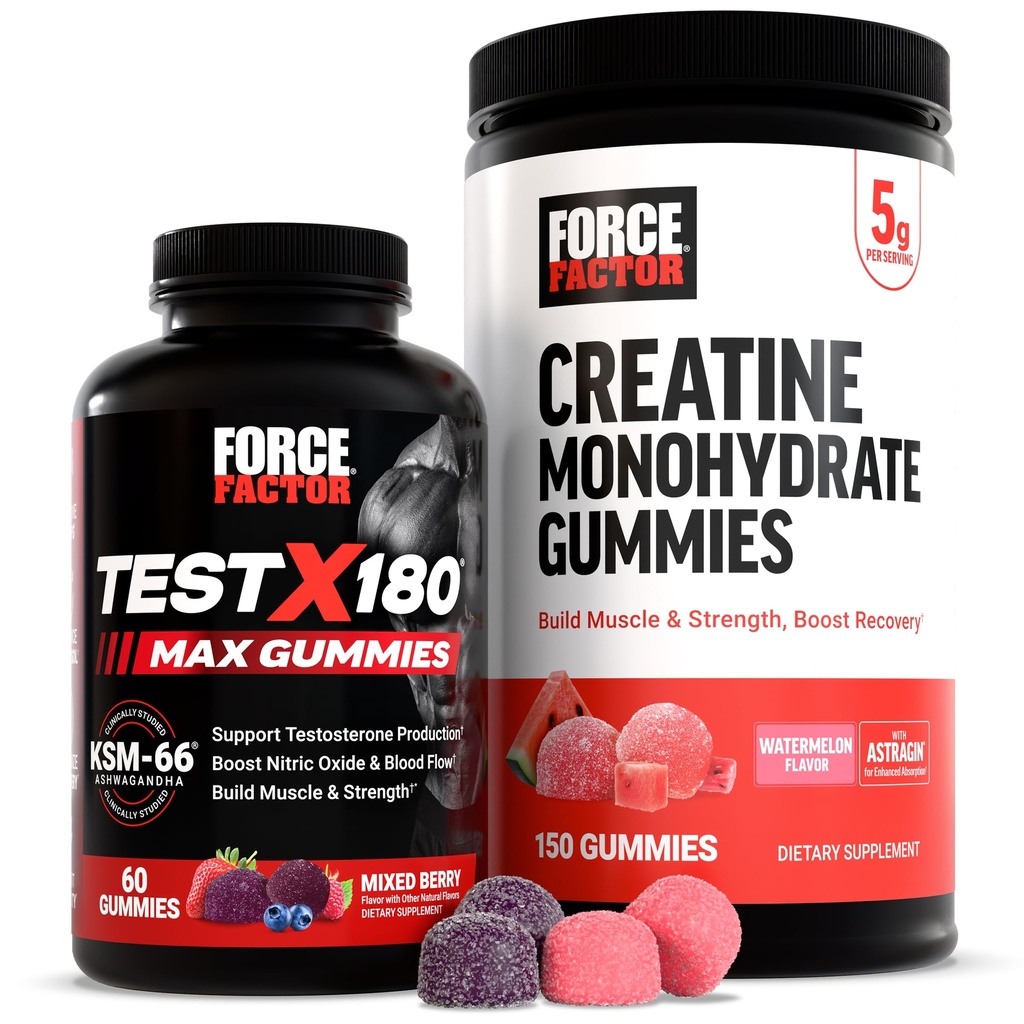 Force Factor Performance Bundle: Test X180 Max T- Booster (60 blandet berry gummies) & Creatin monohydrat 5g (150 Watermelon gummies)