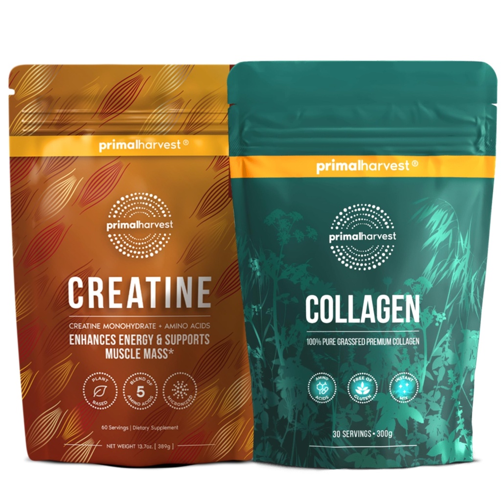 Primal Creatine Powder + Collagen Powder Bundle | 2-Pack | Muscle Recovery, Strength, and Performance| Unflavored, 30 Servings Each