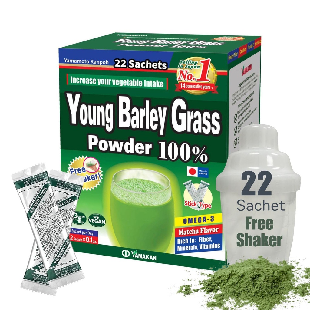 Yamamoto Kanpoh YAMACACAN Barley Grass Juice Powder, Young Barley Grass Powder Rich in Minerals, Vitaminer & Plantbaserede protein til kvinder & mænd, Græs Juice fra Japan, Ikke GMO 22 Tæl