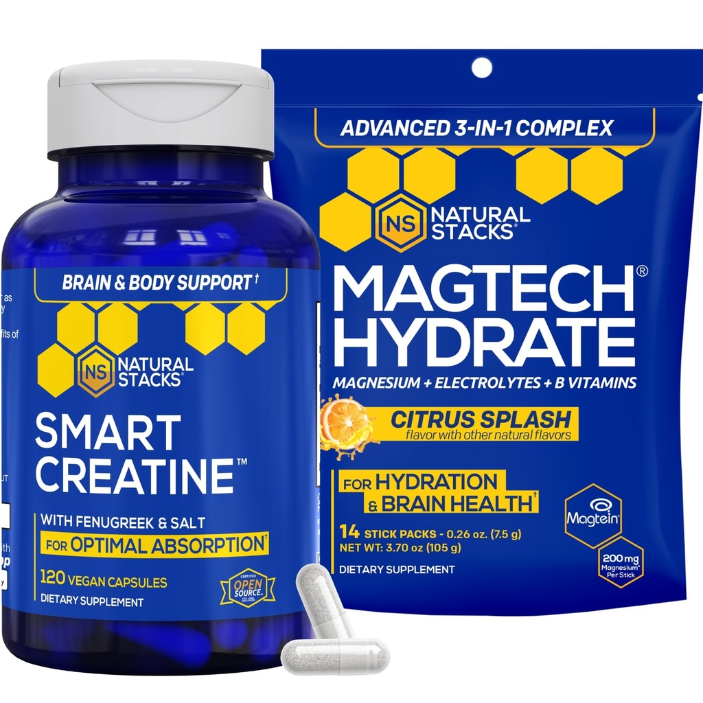 NATURLIGE STAKKER Creatinmonohydrat & Magtech Hydrate Bundle - 2500mg Creatin + 200mg Elemental Magnesium Per Servering - Understøtter Hydration, Brain Health & Endurance - 44 Total Servering