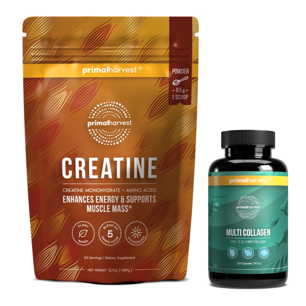Primal Creatine Powder + Primal Multi Collagen Capsules Bundle | 2-Pack | Support Strength, Recovery, Joint & Skin Health | 30 Servings Each