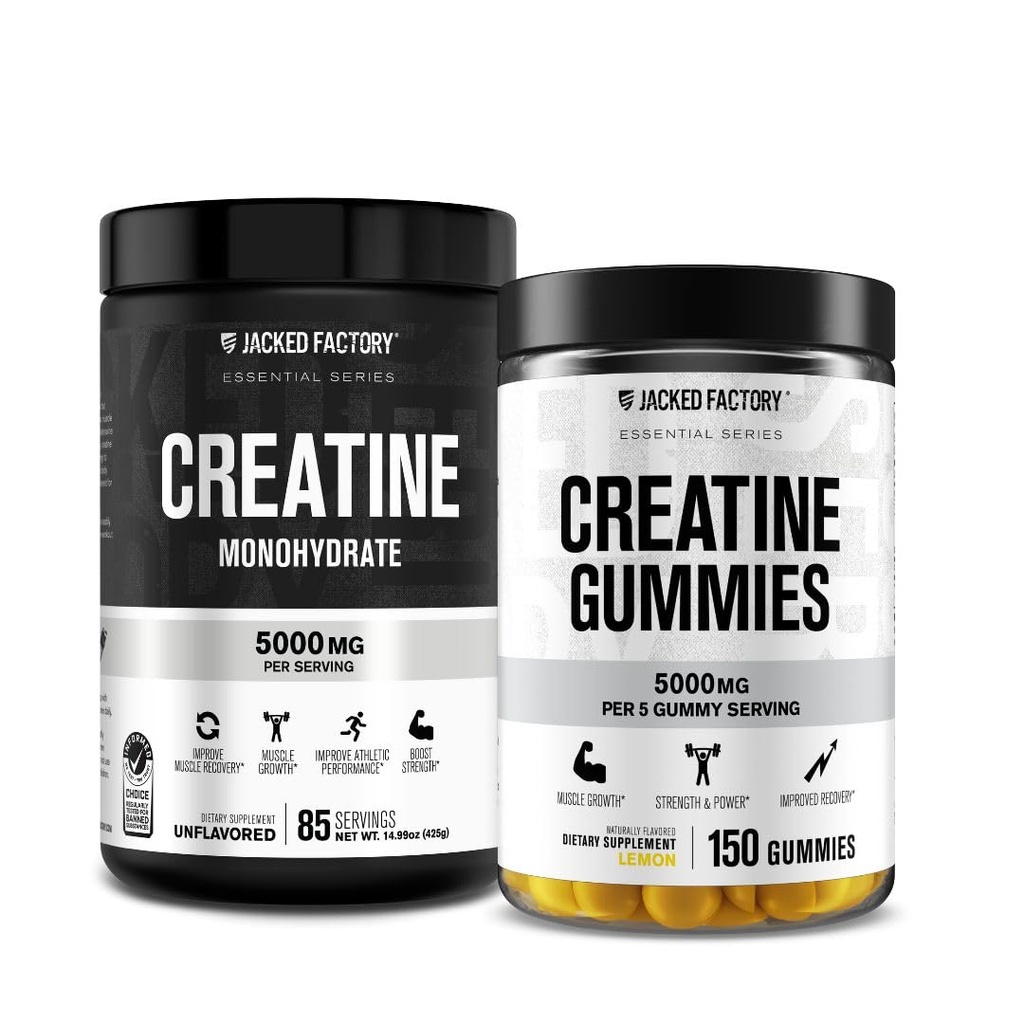 Jacked Factory Creatine Monohydrate Gummies (150 Gummies, Lemon) & Creatine Monohydrate Powder (85 Servings, Unflavored)