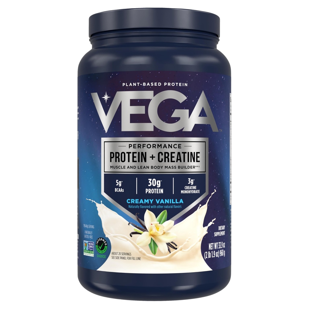 Vega Protein + Creatine - 30g Plant-Based Protein, Vanilla, 20 Servings, 3g Creatine, 5g BCAAs, Vegan, Keto, Gluten Free, Dairy Free, Low Carb, for Muscle Growth & Repair, Drink Mix, 33.9oz