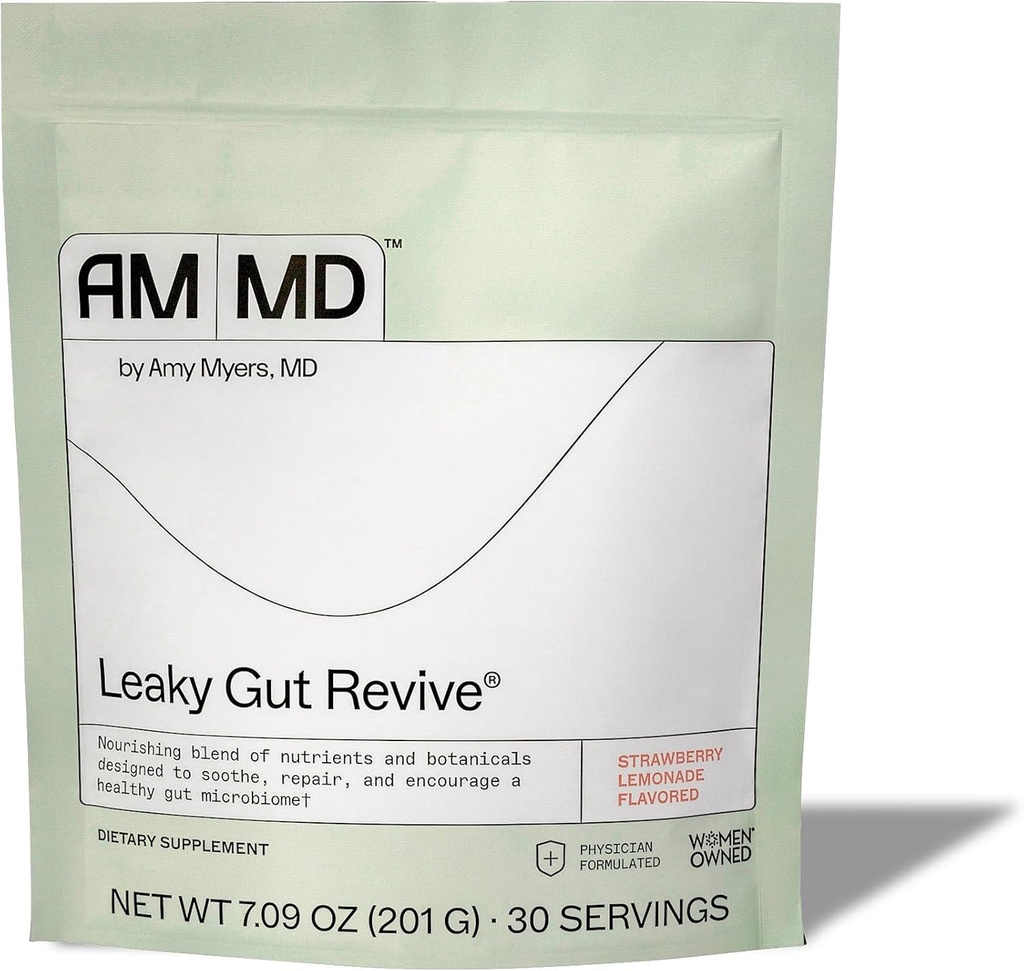 Amy Myers MD Leaky Gut Revive - Gluten- Free & Non- Dairy - Botanisk Blend for sund Gut Support - GI Health Support med Prebiotic Fiber - Strawberry Lemonade, 7.09 oz (30 Servere)