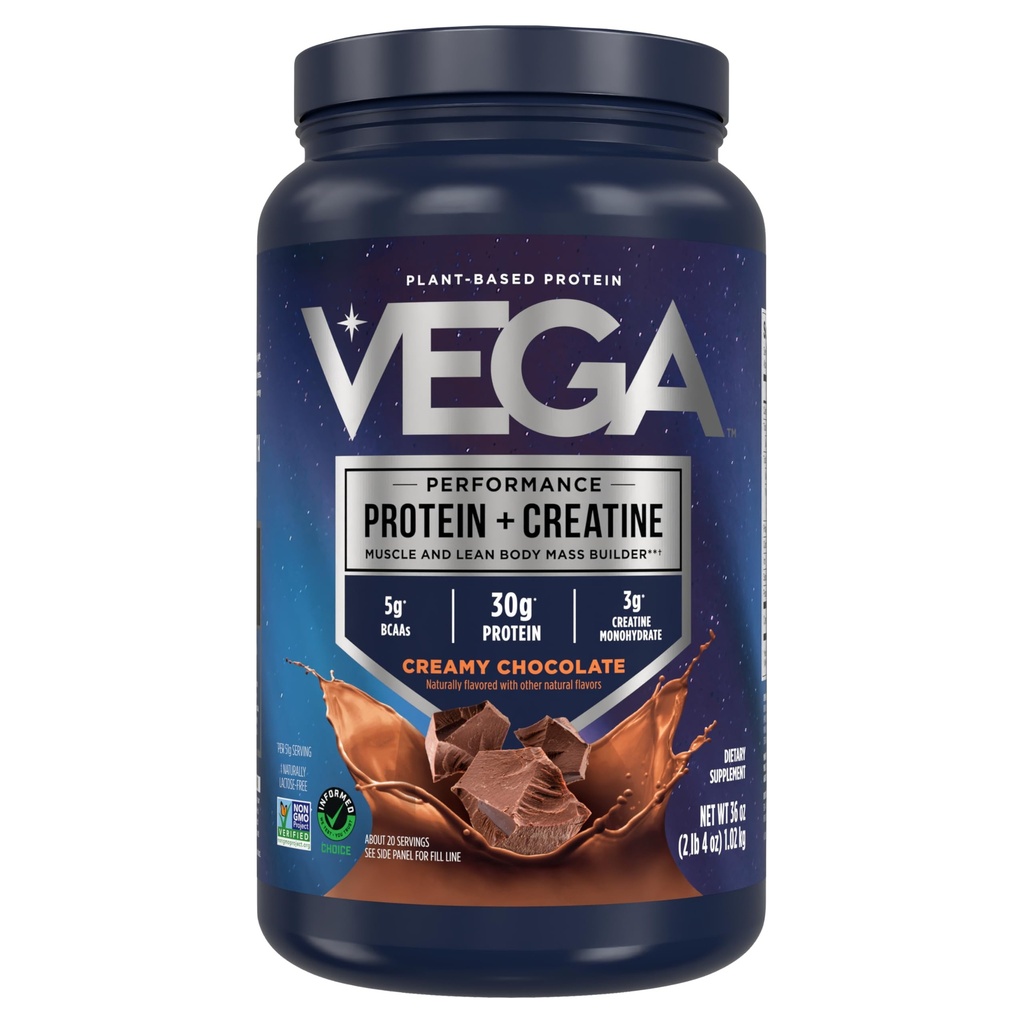 Vega Protein + Creatin - 30g Plant- baseret protein, Chokolade, 20 Servering, 3g Creatin, 5g BCAA, Vegan, Keto, Gluten Free, Dairy Free, Low Carb, for Muscle Growth & Repair, Drink Mix, 36oz
