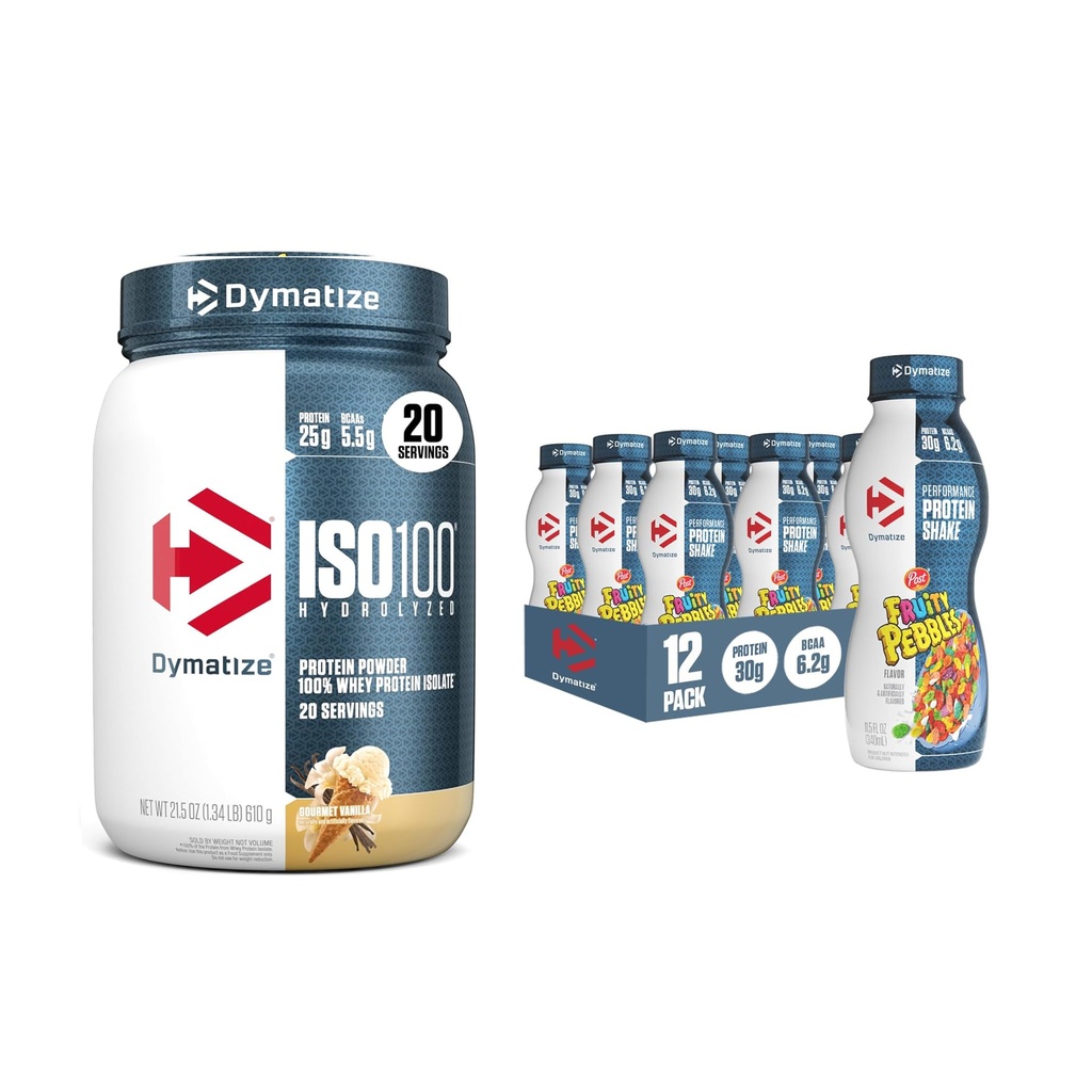 Bundle of Dymatize Performance Protein Shake, Fruity Pebbles (12 pack) + ISO100 Whey Protein Powder Isolate, Gourmet Vanilla (20 Servere)
