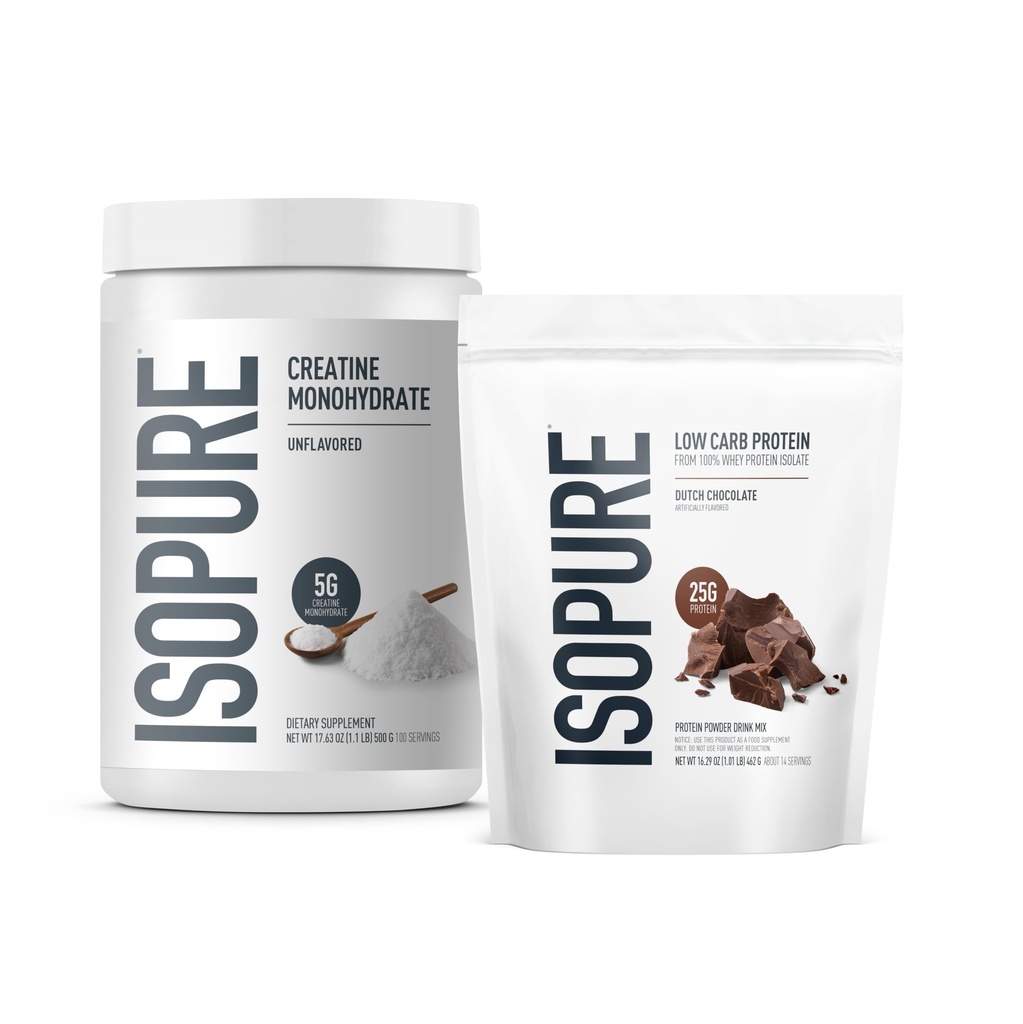 Isopure Bundle af lav Carb 100% Pure Whey Isolate Protein Powder, hollandsk chokolade, 25g Protein Per Servering, 1 Lb, 15 Servere + Isopure 100% Pure Creatin Monohydrat Powder, 100 Servere