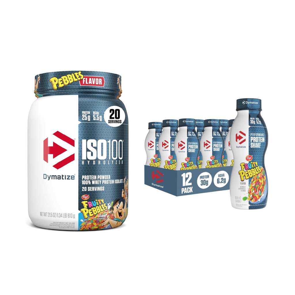 Bundle of Dymatize Performance Protein Shake, Fruity Pebbles (12 pack) + ISO100 Whey Protein Powder Isolate, Fruity Pebbles (20 Servere)