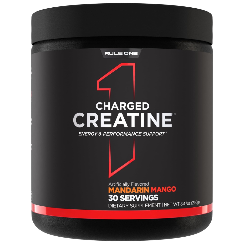 Regel 1 Proteins Charged Creatin - Multi- Function Workout Supplement med Creatin, Electrolyte, og energiblandinger til Intensity, Performance, & Hydration Support (30 Serveringer, Mandarin Mango)