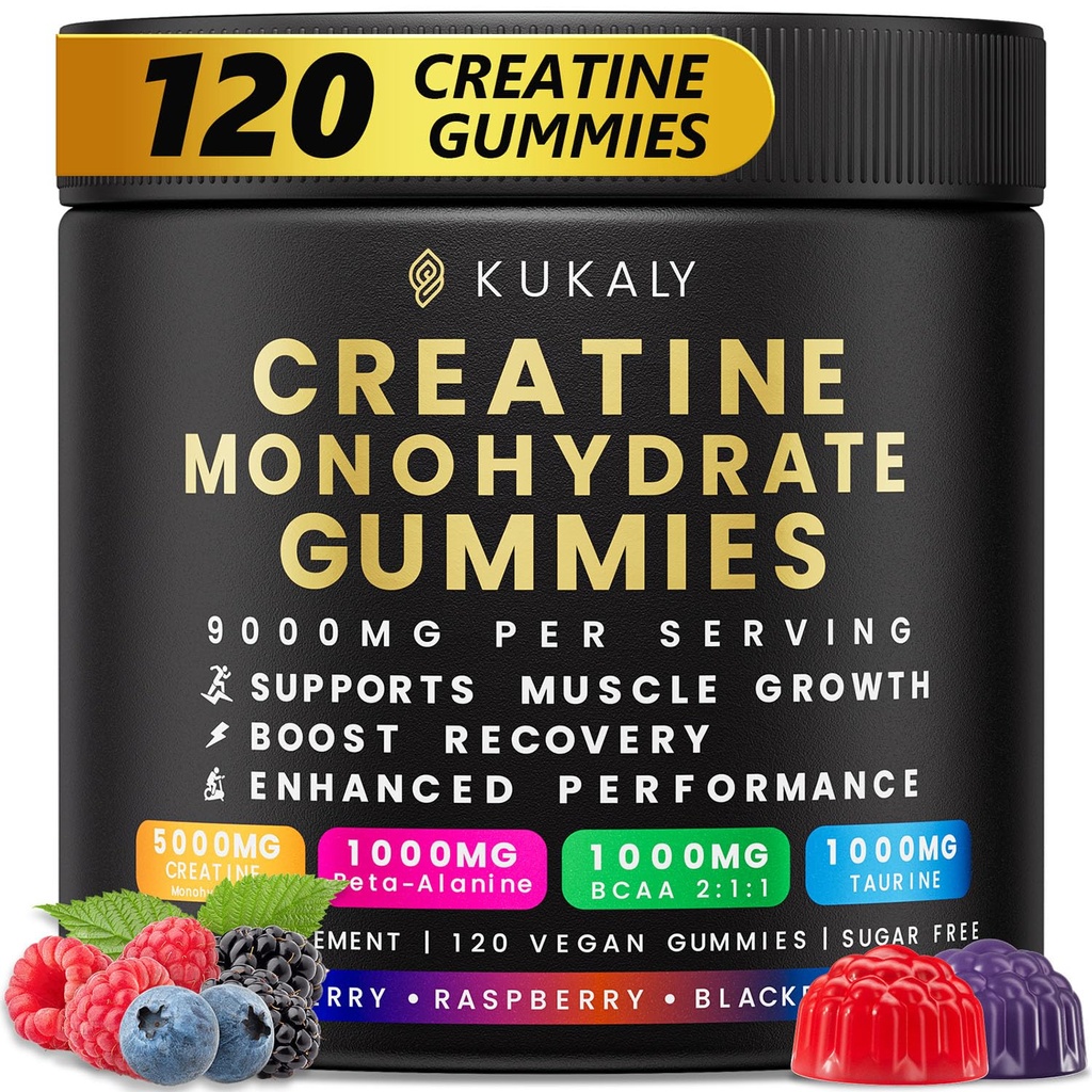 KUKALY Creatine Monohydrate Gummies for Mænd & Kvinder, 9000MG Creatine Gummies Sugar Free - Blandet smag med L- Taurine, BCAA 2: 1, B12 B6 for Boost Styrke, Focus & Endurance, Vegan, Non- GMO, 120pcs