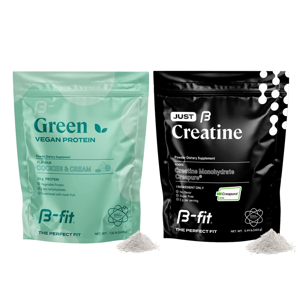 B- FIT B Vegansk protein + Just Creatin - Pea Protein Powder 600g - Plant baseret Protein Shake - Creatin monohydrat Powder - Creapure - 90 Servering - 450 g