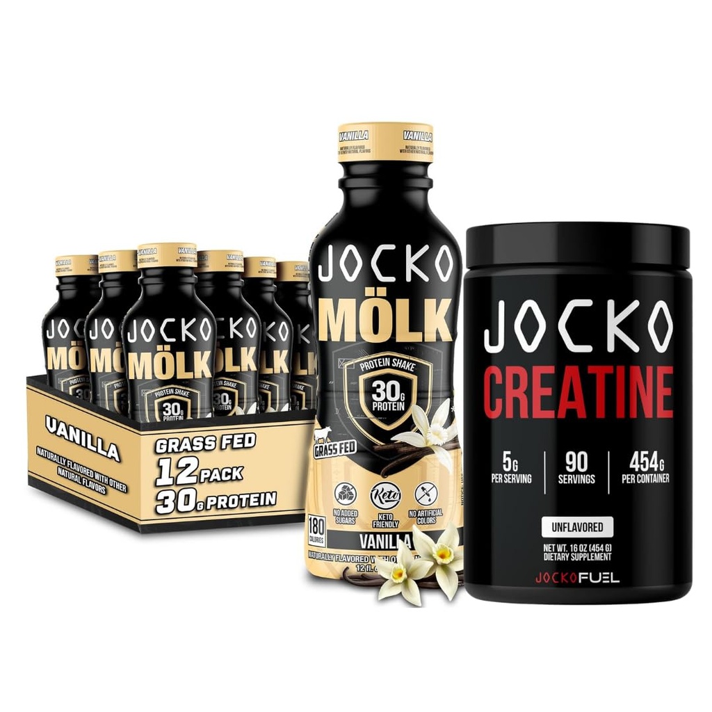 Jocko Mölk Grass Fed Protein Shakes - Klar til at drikke (pakke af 12) Vanilla + Jocko Creatin