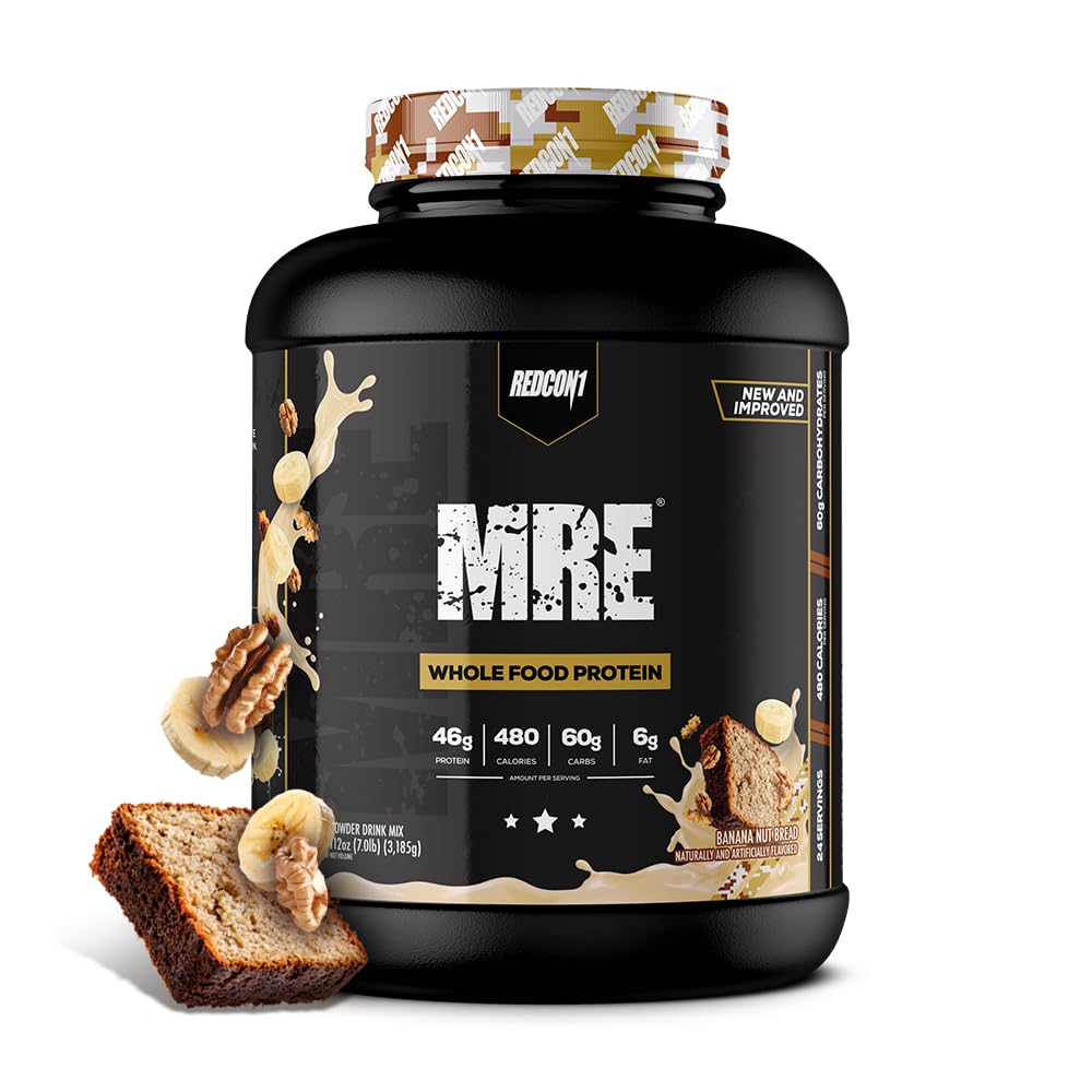 REDCON1 MRE hele fødevarer protein pulver, Banana Nut Brød - Måltidserstatning lavet med dyre- og plantebaserede proteinkilder, næringsstof og kalorie dense, 0g tilsat sukker (24 Servere)