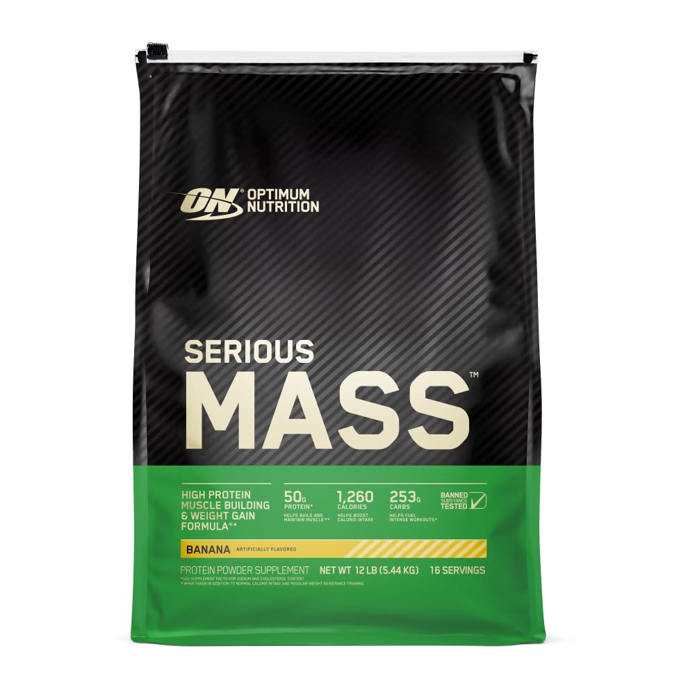 Optimal ernæring Alvorlig masse, vægt Gainer Protein Powder, Mass Gainer, C-vitamin og zink til immunforsvar, Creatin, Banan, 12 Pound (Packaging May Vary)