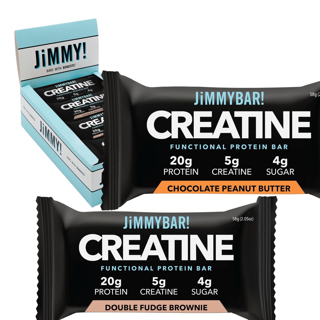 (NEW) JiMMYBAR! Creatinine Protein Bar - 5g af Creatinine Monohydrat + 20g Protein - High Protein Snack - Understøtter muskelvækst, styrke & inddrivelse - Real Food Energy Bar til atleter Medic124; 6 Chokolade Peanut Butter + 6 Fudge Brownie Variety Pack (12 Barer)