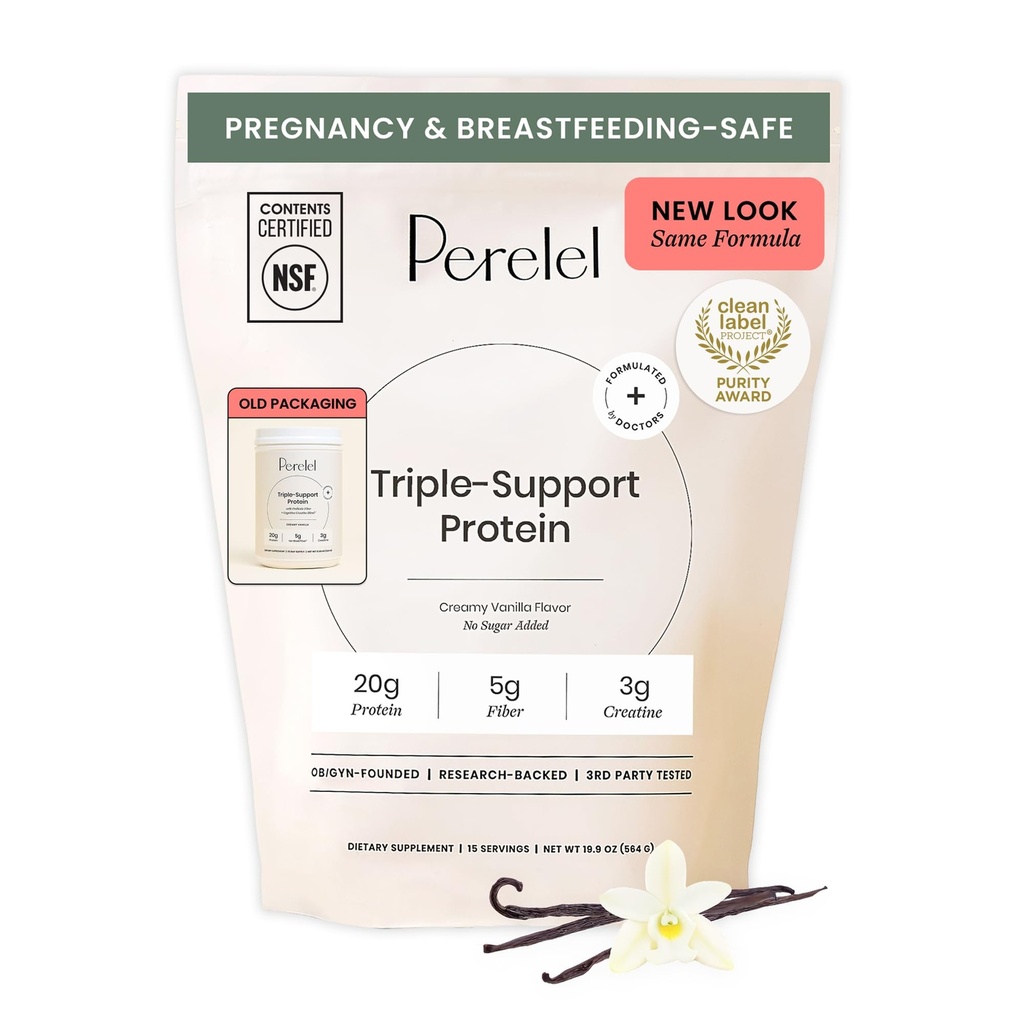Perrelel Triple- Support Plant Based Protein Powder, Creamy Vanilla, 20g Vegan Protein Powder, 3g Creatinine Monohydrat, & 5g Prebiotic Fiber per Serving, Dairy Free, No Sugar Added, 15 Day Supply
