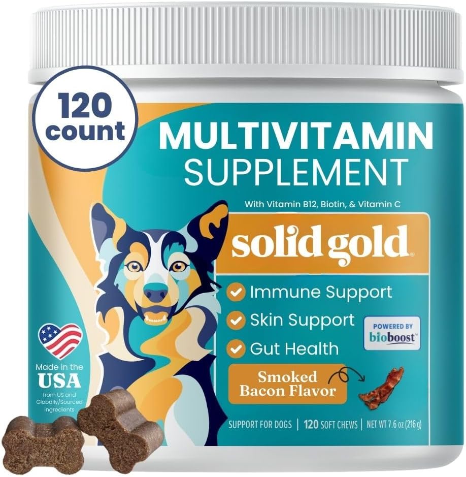Solid Gold Dog Multivitamin - Soft Dog Vitamin & Kosttykkere - All- in- One Heart, Immun, Brain, Skin, Coat & Gut Health Support w / vitamin C, B12, Probiotika & Antioxidanter - Bacon Flavor 120ct