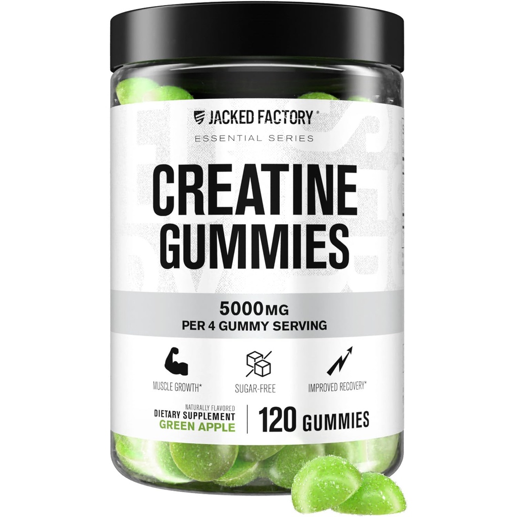 Jacked Factory Sugar Free Creatine Gummies - 5g Daily Dose (1.25g per Gummy) - Creatine Gummy Sugar Free for Men and Women, Vegan-Friendly, Third-Party Tested - 120 Gummies, Green Apple