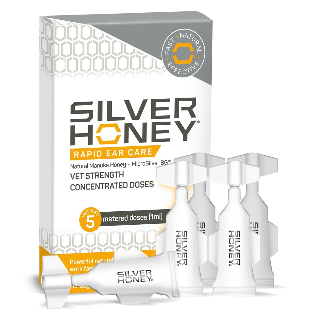 Absorbine Sølv Honey Rapid Ear Care Vet Styrke Koncentrerede Doser, 5 Ear Drops til 10 dage på 1 øre til hunde & katte, Medical Grade Manuka Honey & MicroSilver BG