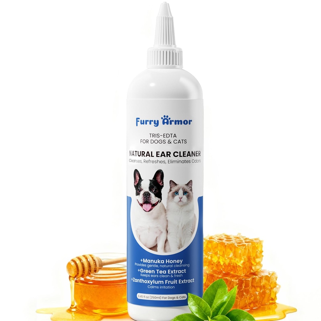 Itch Relief Øre Cleaner til hunde & katte Natural Gentle Formel med Manuka honning & grøn te - Triple botanisk vask til infektion & Gær forebyggelse, PH Balanceret No- Sting 8.45 oz