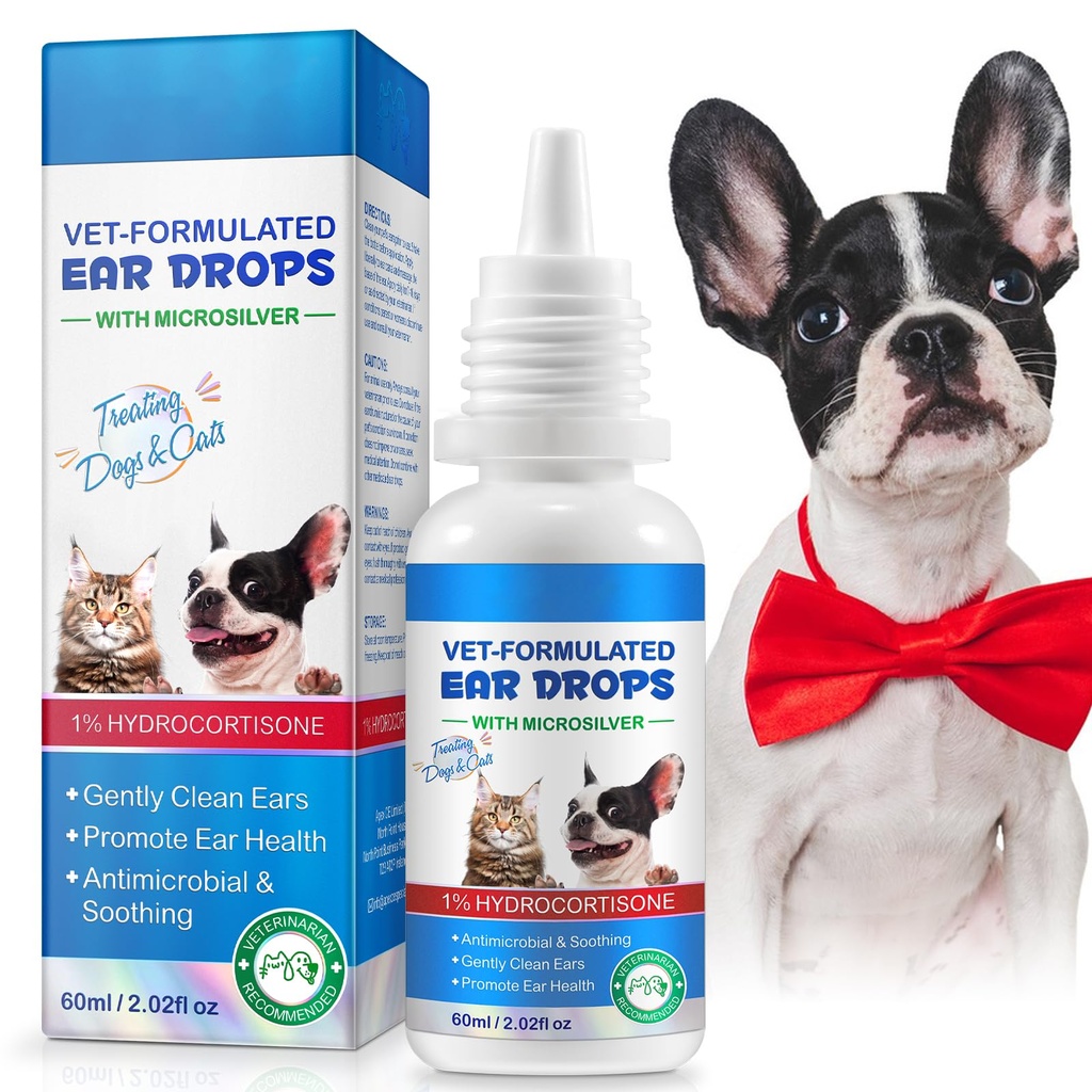 Cat & Hundeøre Behandling Drops, Kat & Hundeøre Cleaner for Itchy Ear Relief, med 1% Hydrocortison for Hundeøre Infektioner, Relieve Itchy Ears- 2.02 Fl.Oz
