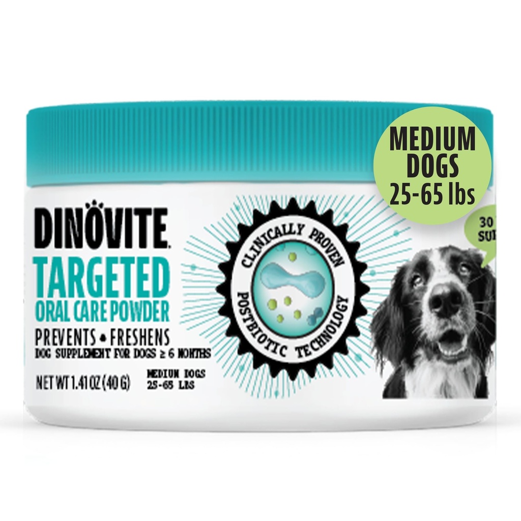 Dinovite hund Dental Powder, Brush- Free Breature Frisker & Tandrensning Dental Care Powder med Probiotika & Postbiotika, Oral Care Bad Breature Treatment, Medium Dogs, Made in USA, 30 Day Supply