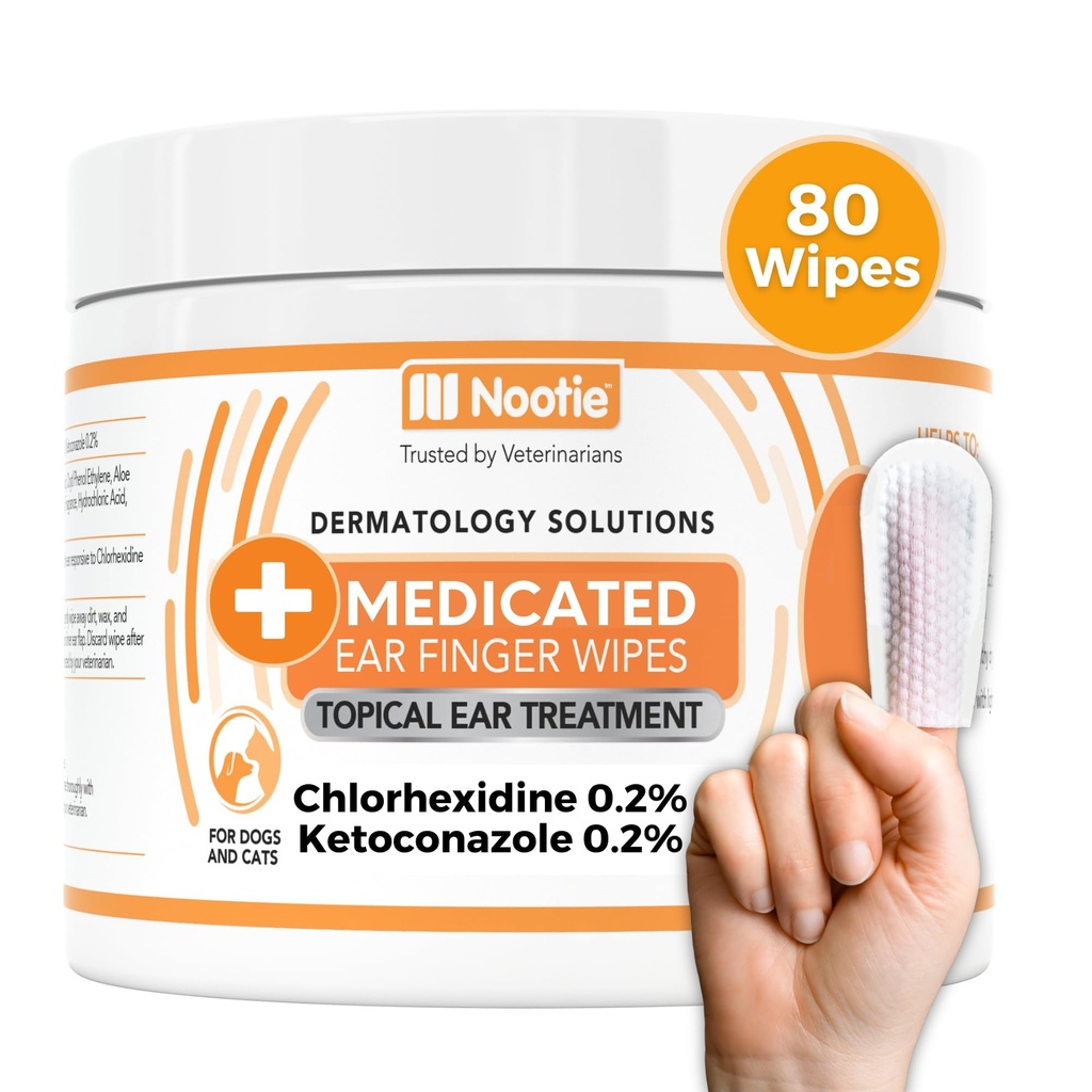 Nootie Medicated Ear Finger Wipes med Chlorhexidin til hunde, Gentle Dog Ear Rengøring Wipes til Itchy, Følsomme Øre - Hjælper med at fjerne voks, Dirt Buildup, & Odor 80 Wipes - Made in USA