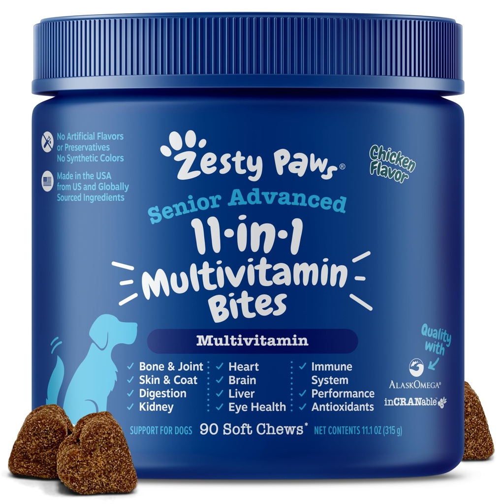 Zesess Paws Senior Hund Multivitamin Treats - Glucosamin til hunde + fordøjelsesenzymer & probiotika - Korn fri Hund vitaminer og kosttilskud til hud & Coat + immunsundhed kylling - Advanced - 90ct