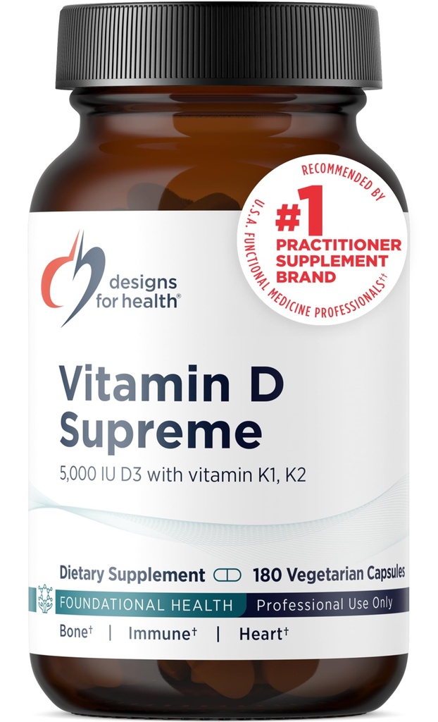 Design for sundhed D-vitamin Supreme - D-vitamin 5000 IE med 2000mcg vitamin K som MK4 for ben sundhed, hjerte sundhed, mood & immunforsvar - D3- vitamin forstærket med GG supplement (180 kapsler)