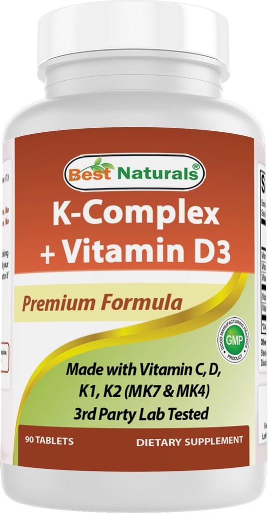 Best Naturals K-Complex with K1 (Phytonadione 1500 mcg + K2 as Menaquinone 100 mcg + K2 as MK-4 1000 mcg) + D3 + VIT. C - 90 Tablets - Made in the USA