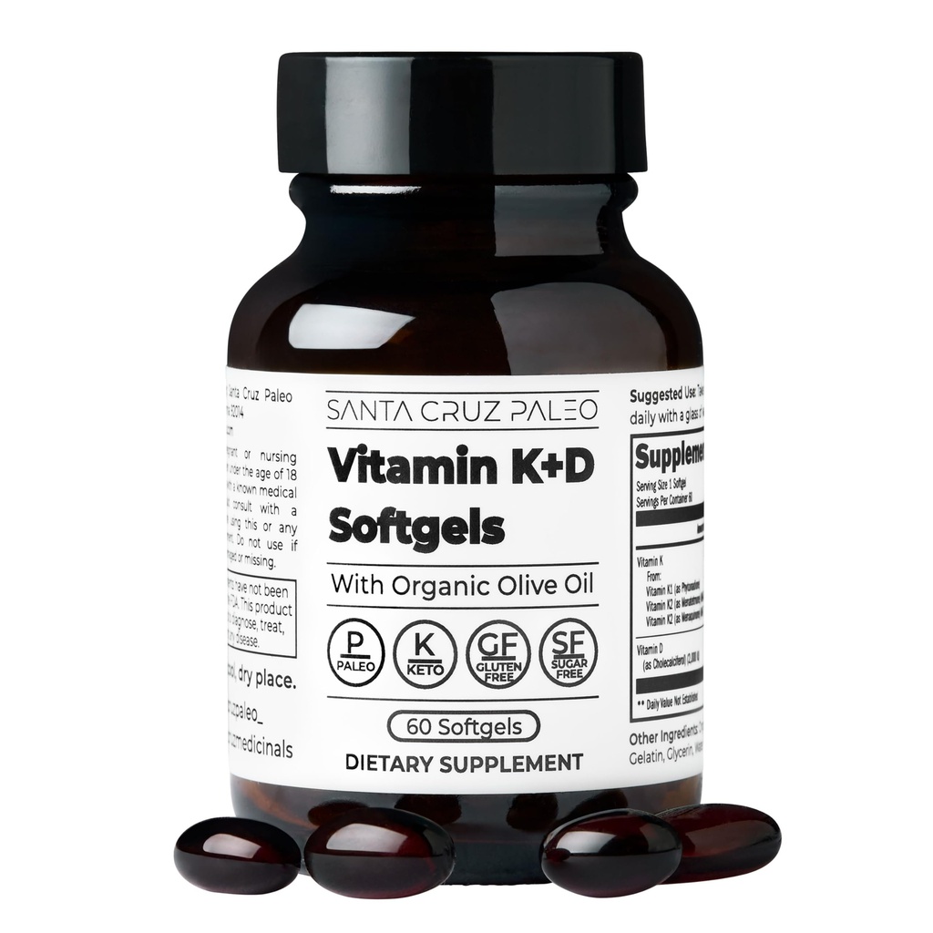 Santa Cruz Paleo Vitamin K2 + D3 Softgels, Dagligt tillæg med Økologisk Olivenolie, Inkluderer Vitamin K1 & To former for K2, Understøtter Heart & Bone Health, Gluten Free, Sugar Free, Paleo, Keto, 60 Greve