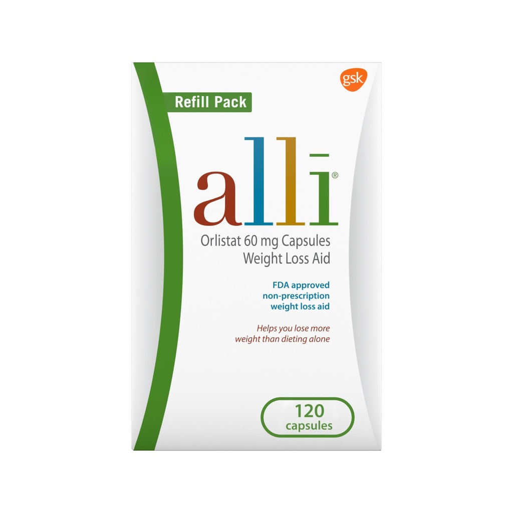 alli vægttab kost piller, Orlistat 60 mg kapsler, ikke receptpligtig vægttab støtte, 120 Count Refill Pack