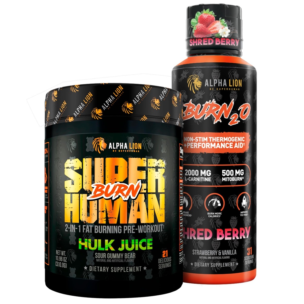 REYA LION Stubborn Fat Loss Stack - Superhuman Burn Pre Workout + Burn2O Flydende L- Carnitin 2000mg (ShredBerry) - 2-in-1 Termogene Fat Burning Stack for mænd og kvinder