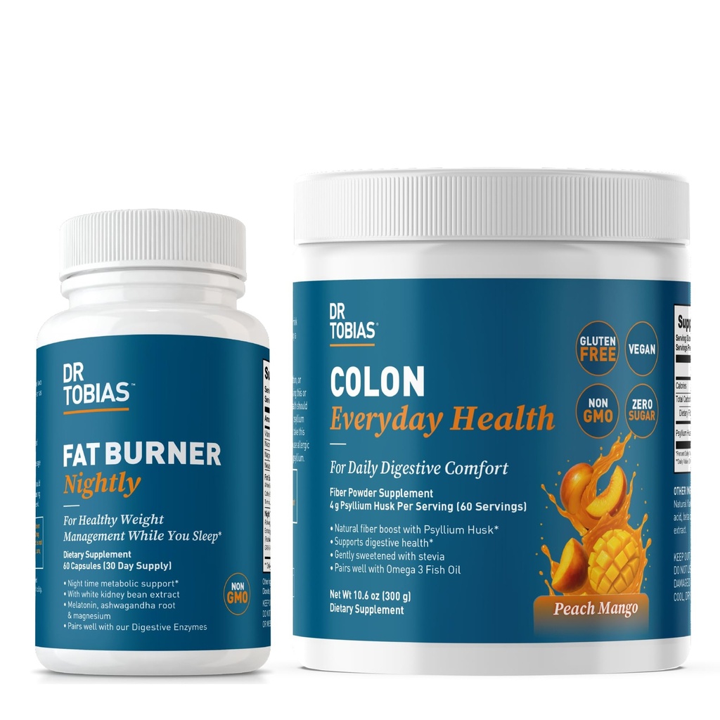 Dr. Tobias Fat Burner Nightly & Colon Everyday Health Peach Mango - Nighttime Metabolisme Support & Daily Psyllium Fiber Drink for fordøjelsessygdomme