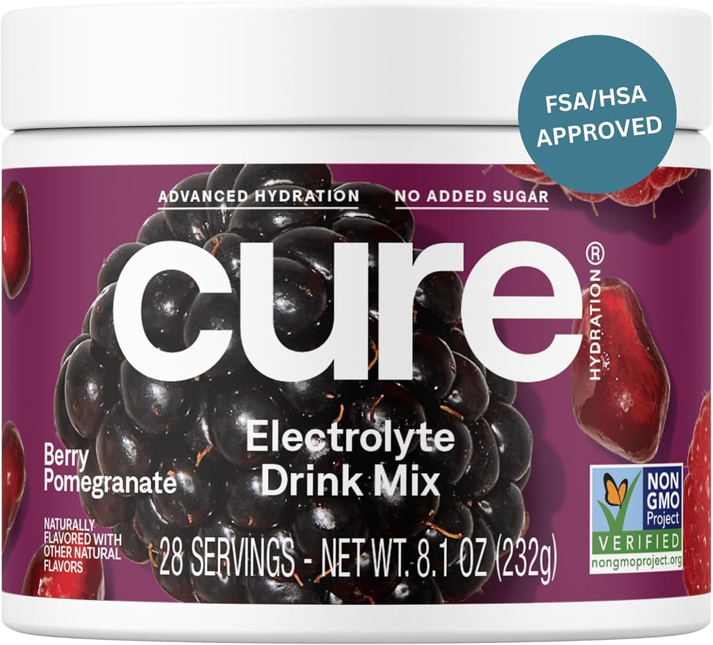 Cure Hydration Mead124; Plantbaseret elektrolytdrik Mix 124; Ingen tilsat sukker Mead124; FSA- HSA Mead124; Dehydrering Relief Powder Lavet med kokos Vand Mead124; Non- GMO Mead124; Vegan Mead124; 28 Servering Jar - Berry Pomegranate