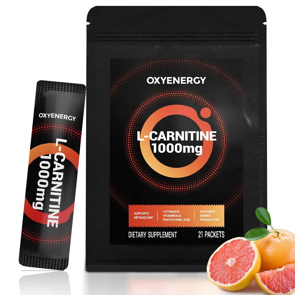 OxyEnergy Liquid L- Carnitin Supplement 1000mg - Let for daglig brug, Zero Calorie, Sugar- Free, Stimulering - Free Fat Burning & Endurance Booster, 21 On- the- Go Individuelle flydende sticks