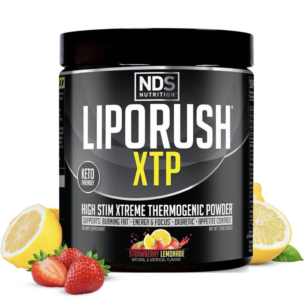 LIPORUSH NDS Nutrition XTP Thermogen Fat Burner med L- Carnitin - Energi, Focus, og Appetite Control - Ekstrem termogene Fat Burning Powder vægttab - Jordbær Lemonade (45 Servere)