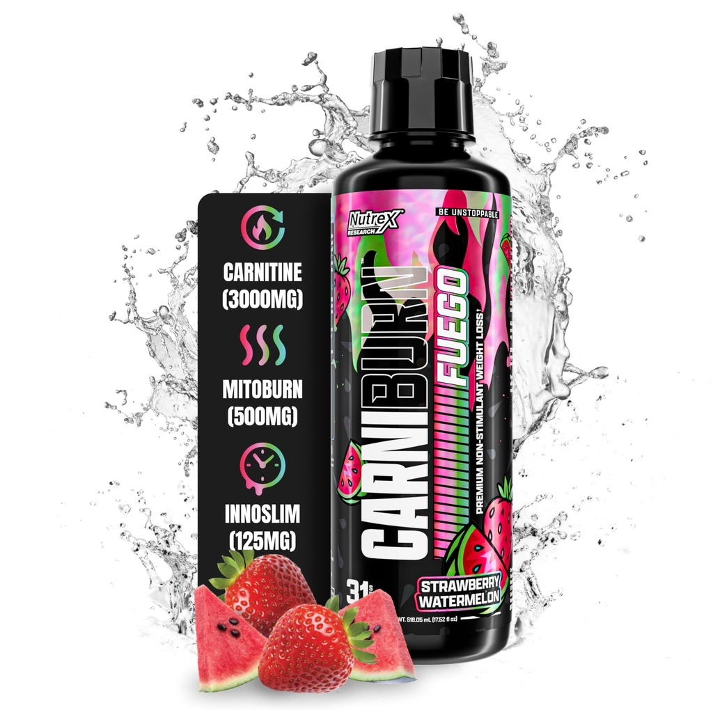 Nutrex Research Carniburn Liquid L Carnitin 3000mg - Thermogen Liquid Fat Burner til mænd og kvinder med MitoBurn, InnoSlim, GBBGO - Stimulerende fri metabolisme Booster - Strawberry Watermelon 31 SV