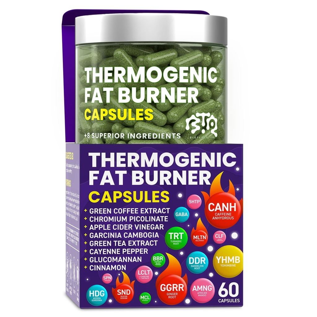 Termogene Fat Burner Kapsler - Vægttab piller til kvinder & mænd, Appetite Suppressant, Metabolisme Booster - Grøn te, kaffe ekstrakt, Garcinia Cambogia - Diet Pills til vægttab - 60 Kapsler