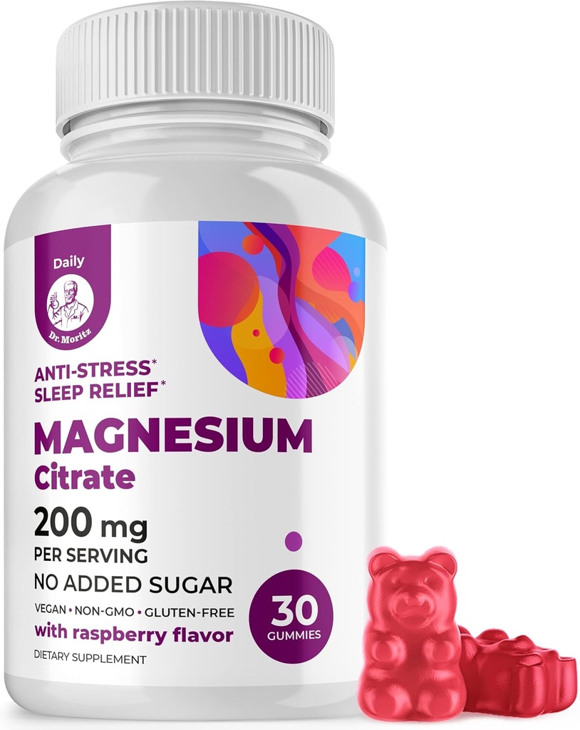 DR. Formand MORITZ Magnesium Citrate Gummies til voksne - Sugar- Free Calm Magnesium Gummies - Understøtter cardiovaskulær Health- Raspberry Flavor - Non- GMO, 200 mg (30 Count)