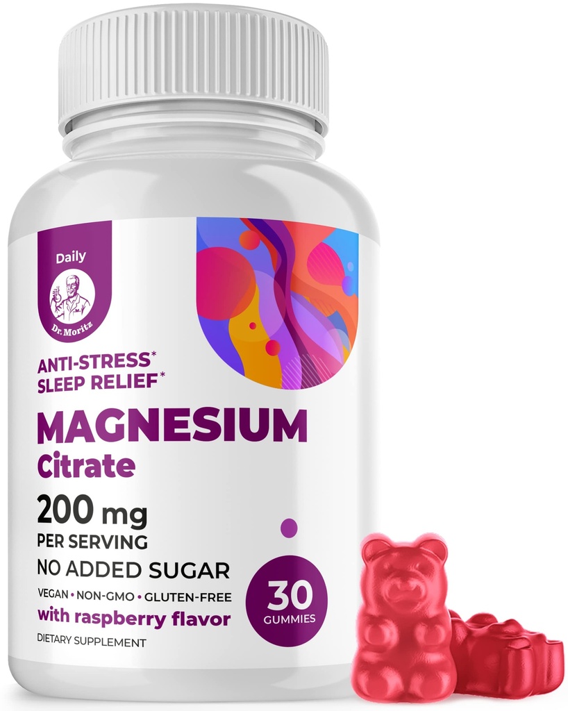 DR. MORITZ Magnesium Citrate Gummies til voksne - Sugar- Free Calm Magnesium Gummies - Understøtter cardiovaskulær Health- Raspberry Flavor - Non- GMO, 200 mg (30 Greve)